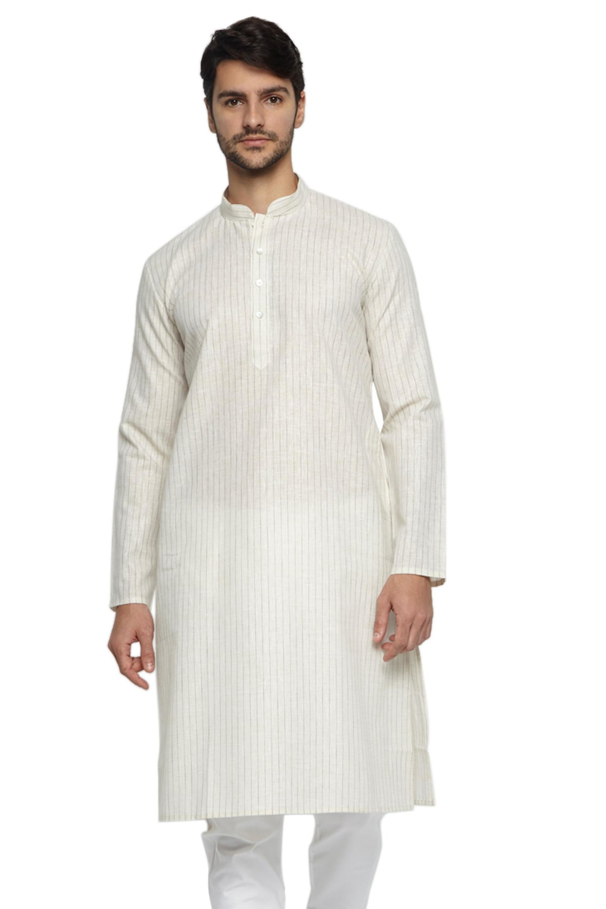 Men's cream pin-stripe cotton knee-length kurta, side view.