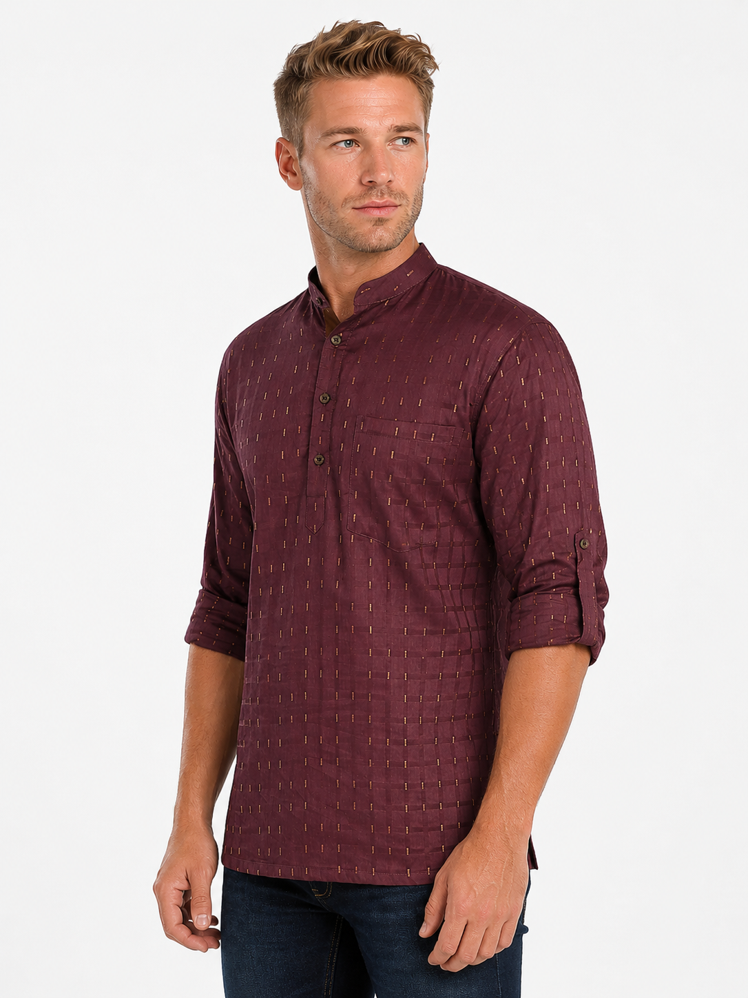 Back view of In-Sattva men's deep plum printed cotton hip-length kurta tunic