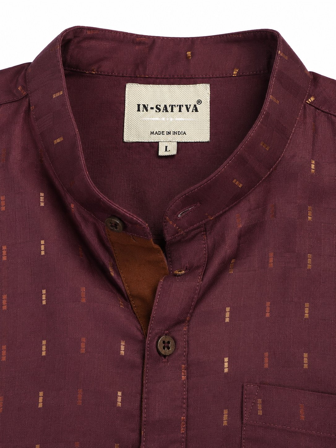 Close-up detail of In-Sattva men's deep plum printed cotton hip-length kurta tunic