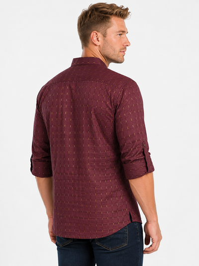 Side view of In-Sattva men's deep plum printed cotton hip-length kurta tunic
