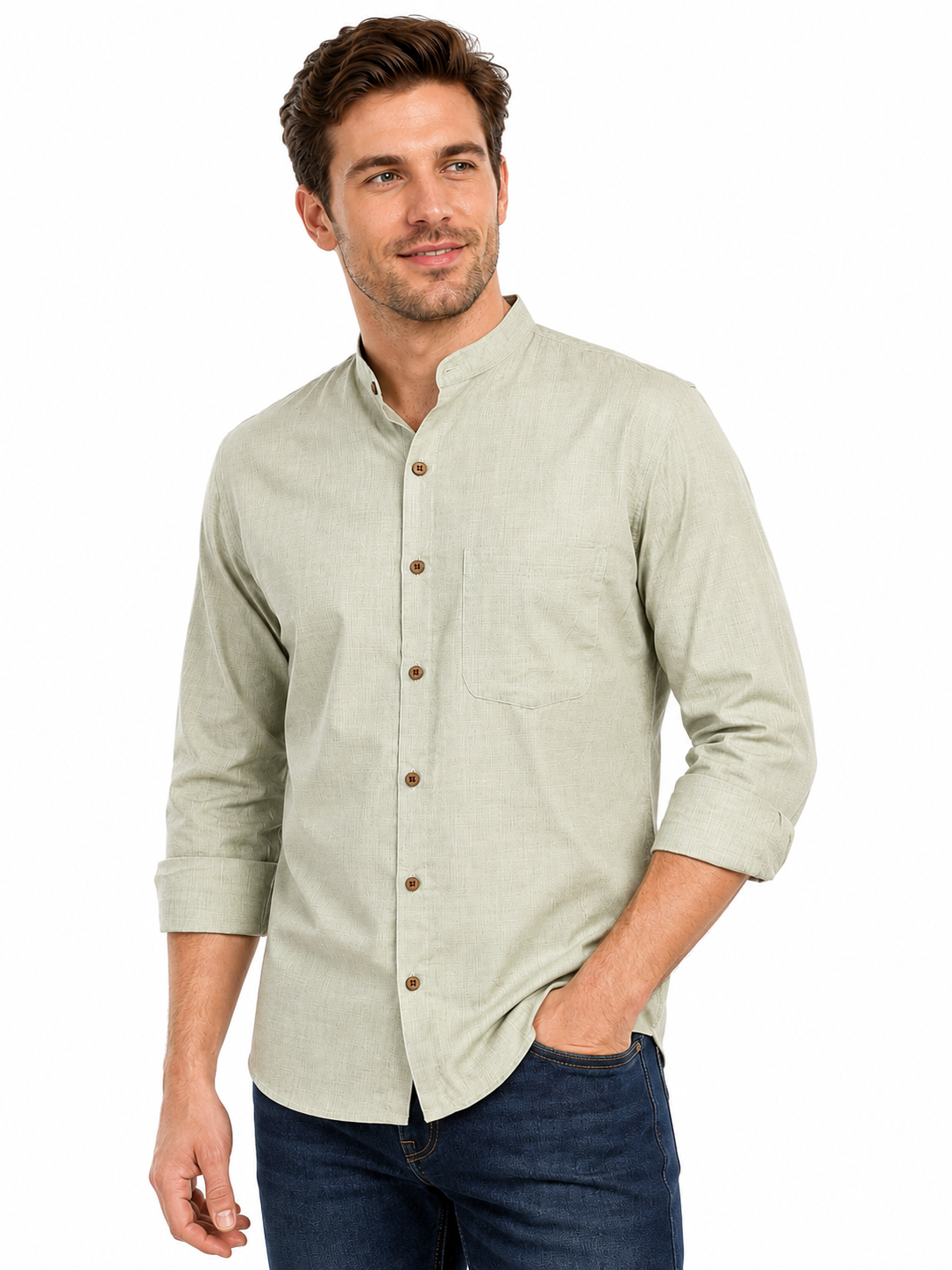 Back view of In-Sattva men's dewdrop green cotton hip-length button-down shirt