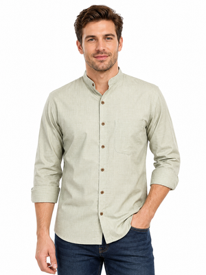 Front view of In-Sattva men's dewdrop green cotton hip-length button-down shirt