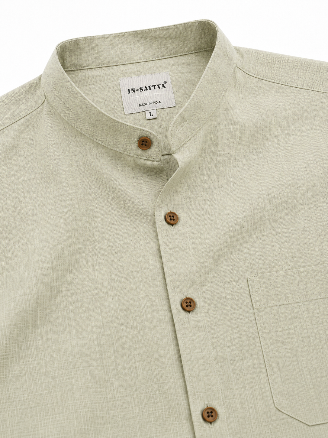 Lifestyle view of In-Sattva men's dewdrop green cotton hip-length button-down shirt