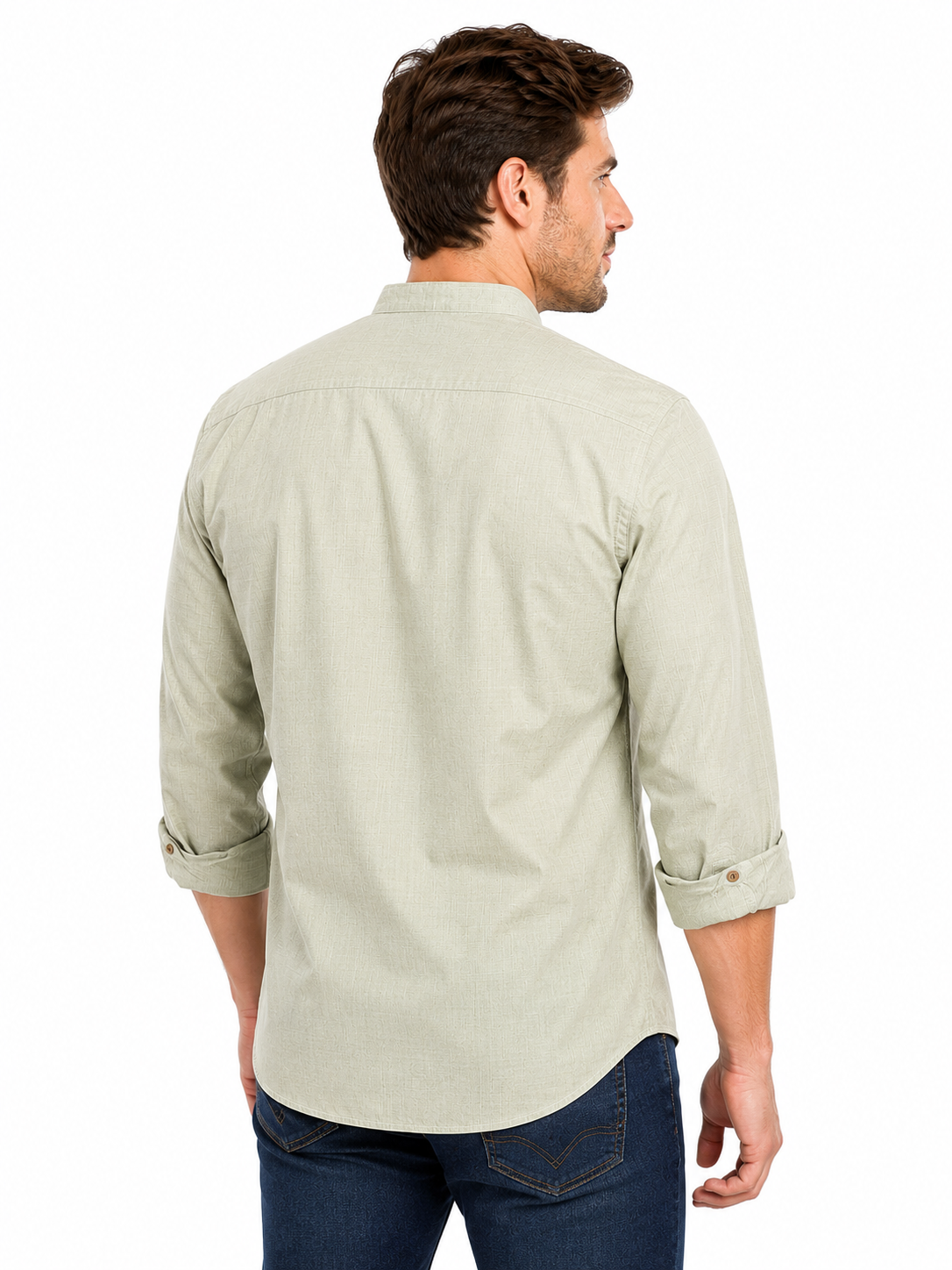 Side view of In-Sattva men's dewdrop green cotton hip-length button-down shirt
