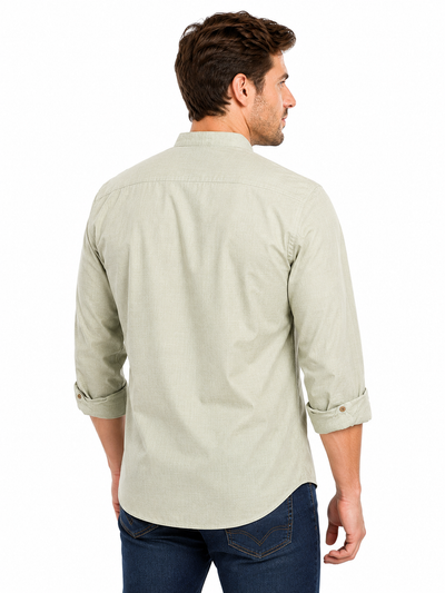 Side view of In-Sattva men's dewdrop green cotton hip-length button-down shirt