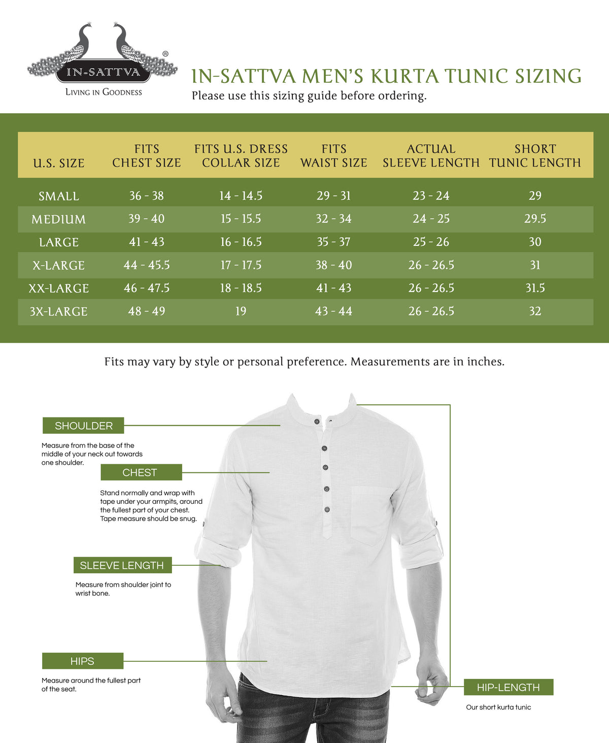 Size chart for In-Sattva men's double-breasted hip-length kurta tunics