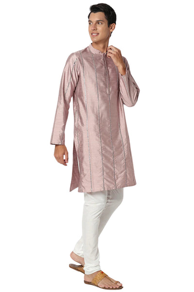 Men's embroidered band collar knee-length kurta, alternate front view.