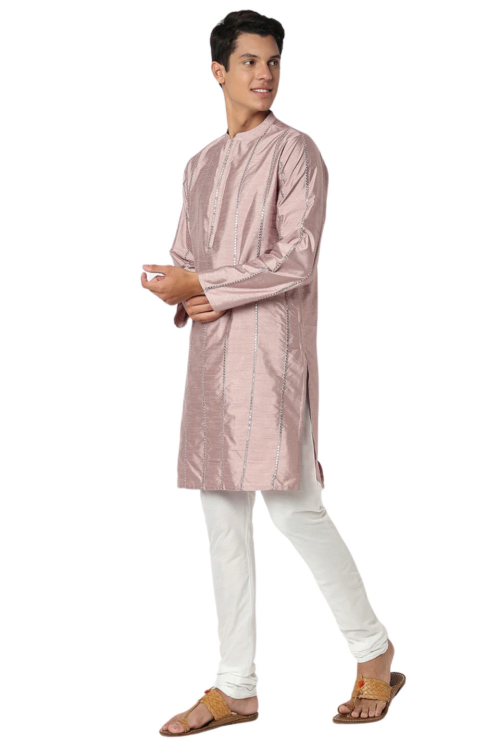 Men's embroidered band collar knee-length kurta, alternate side view.