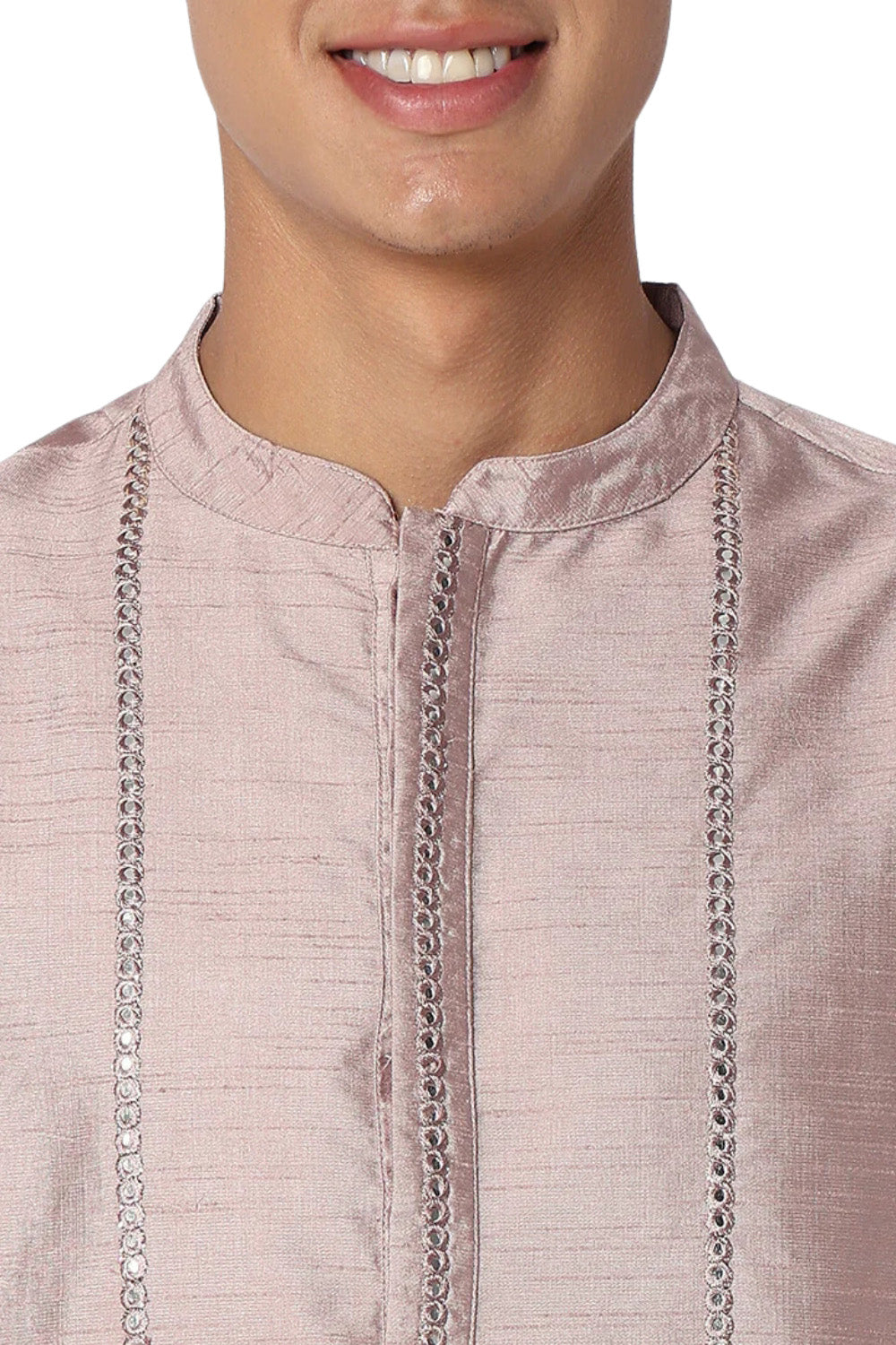 Men's embroidered band collar knee-length kurta, back view.