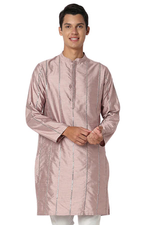 Men's embroidered band collar knee-length kurta, front view.