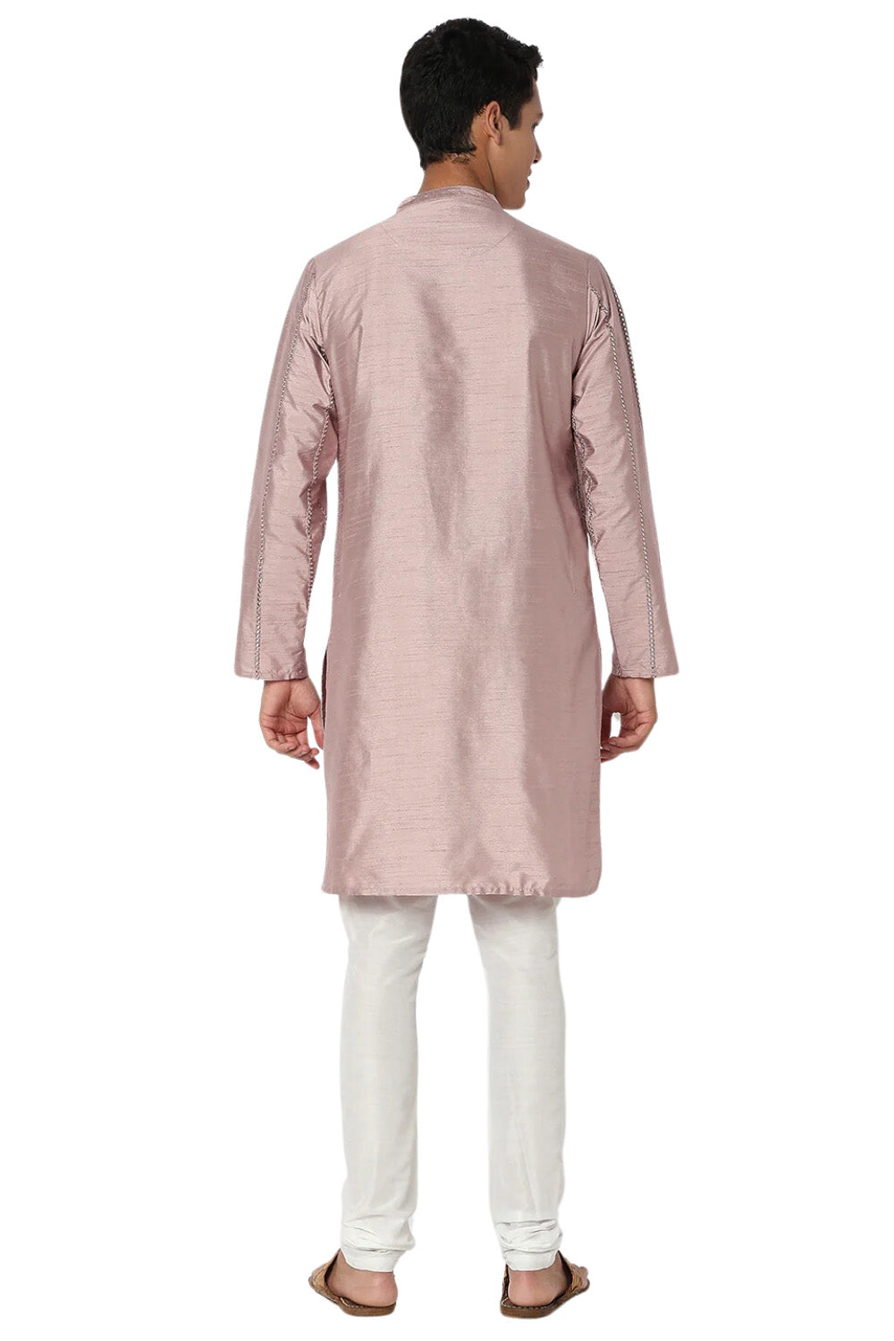 Men's embroidered band collar knee-length kurta, side view.