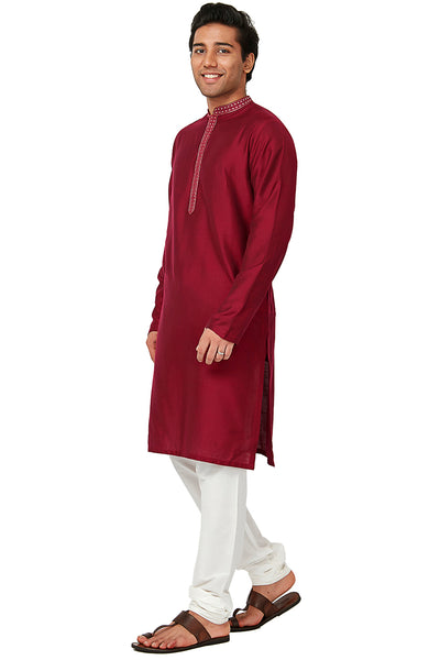Men's embroidered cotton band collar knee-length kurta, alternate front view.