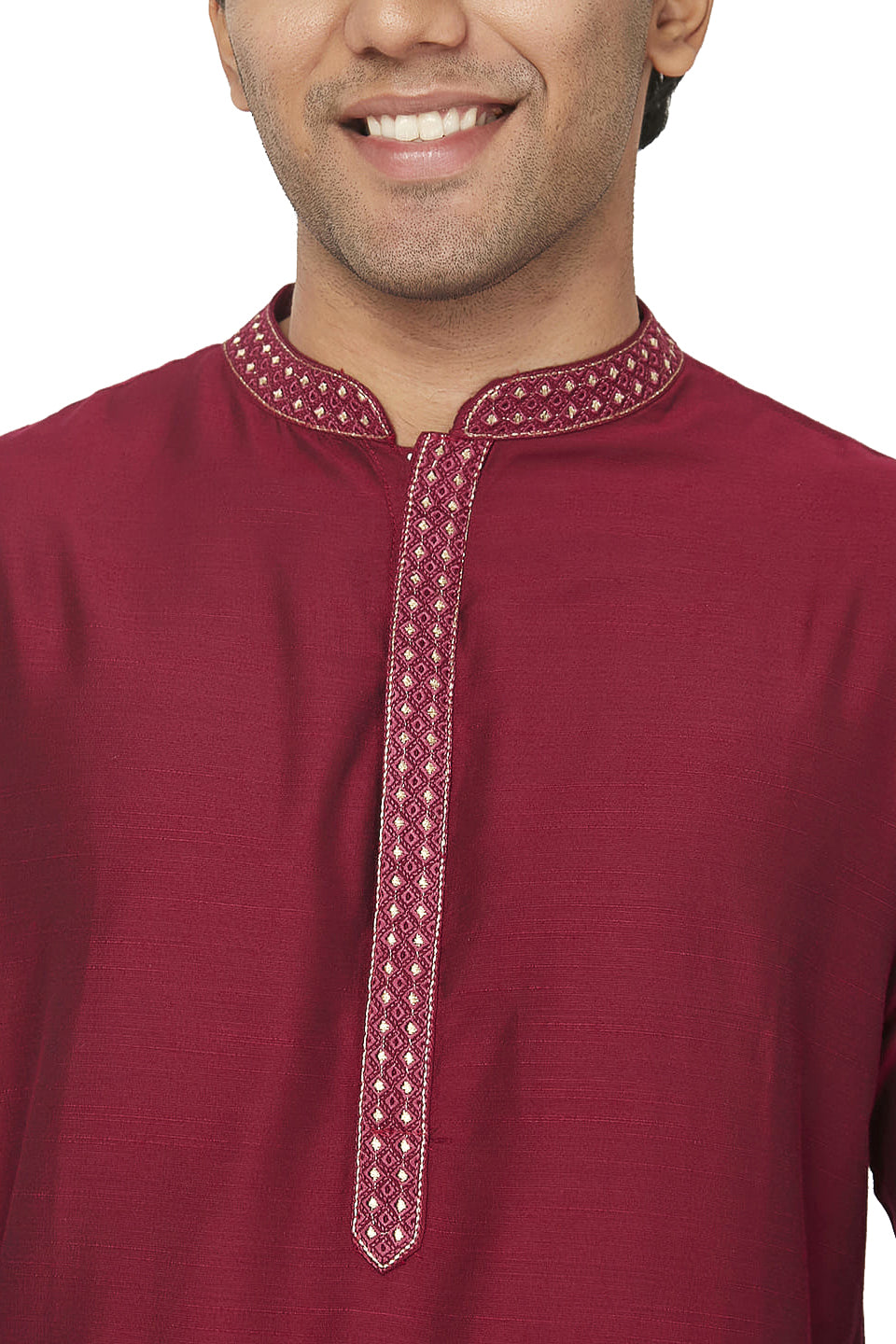 Men's embroidered cotton band collar knee-length kurta, alternate side view.