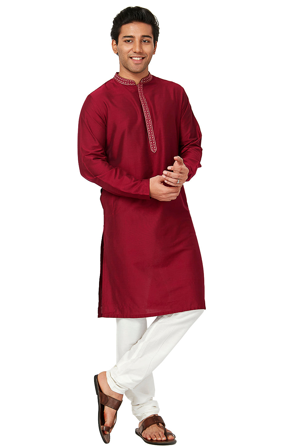 Men's embroidered cotton band collar knee-length kurta, back view.