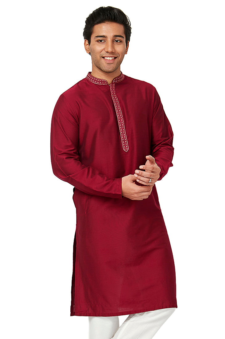 Men's embroidered cotton band collar knee-length kurta, front view.