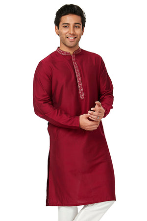 Men's embroidered cotton band collar knee-length kurta, front view.