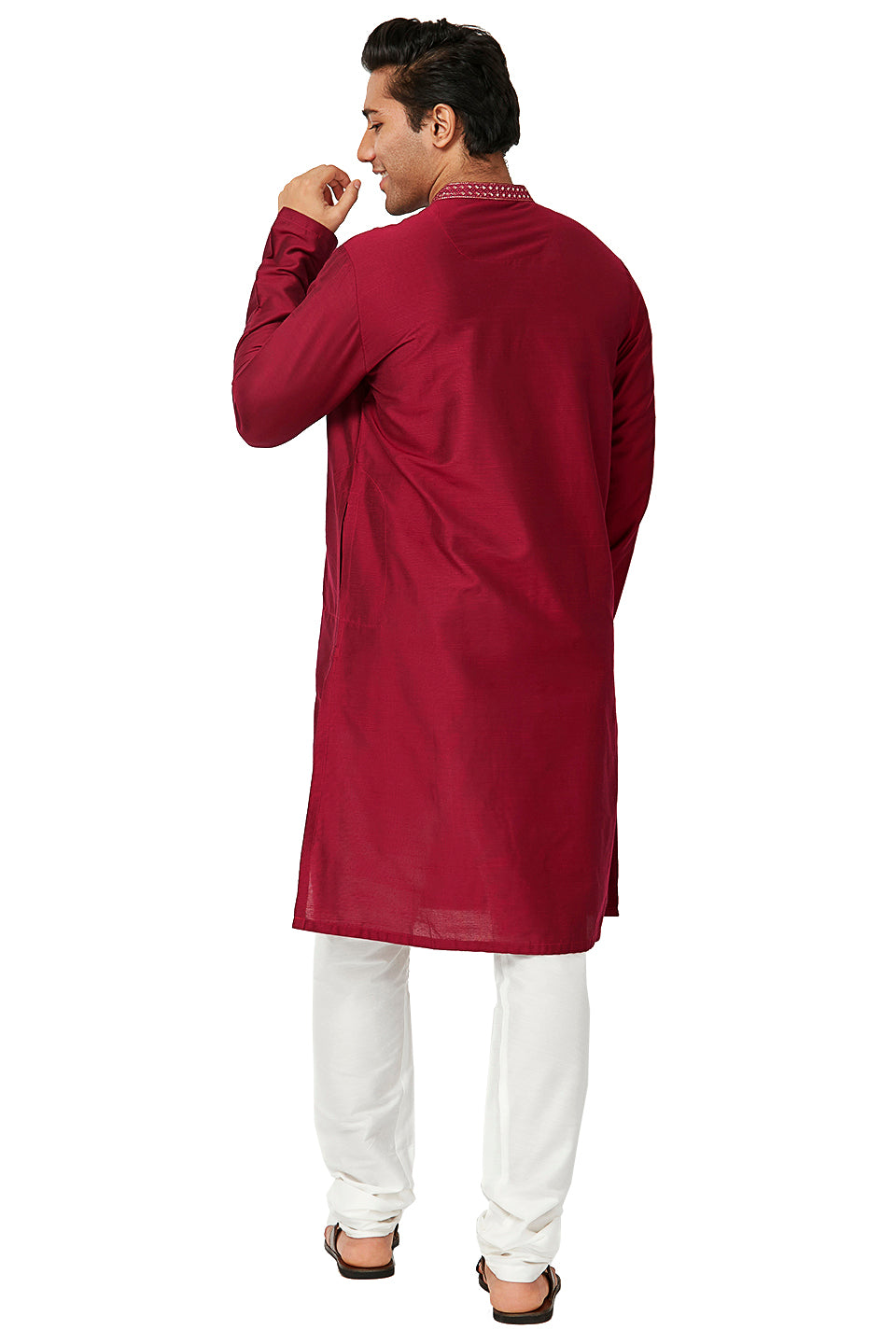 Men's embroidered cotton band collar knee-length kurta, side view.