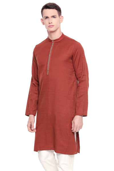 Men's embroidered cotton band collar knee-length kurta, alternate front view.