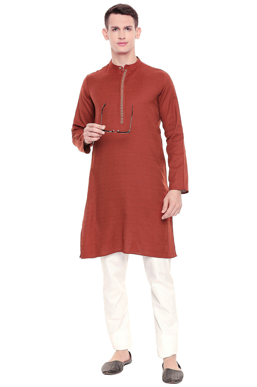 Men's embroidered cotton band collar knee-length kurta, alternate side view.