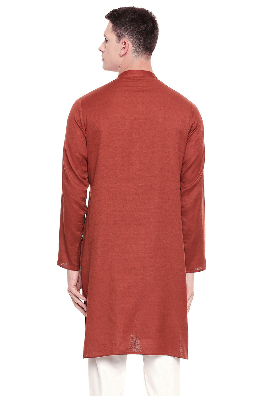 Men's embroidered cotton band collar knee-length kurta, back view.