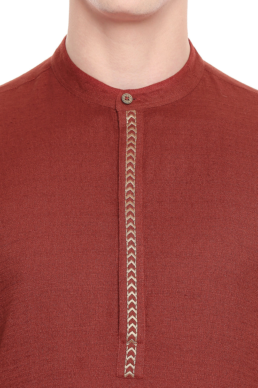 Men's embroidered cotton band collar knee-length kurta, close-up detail.