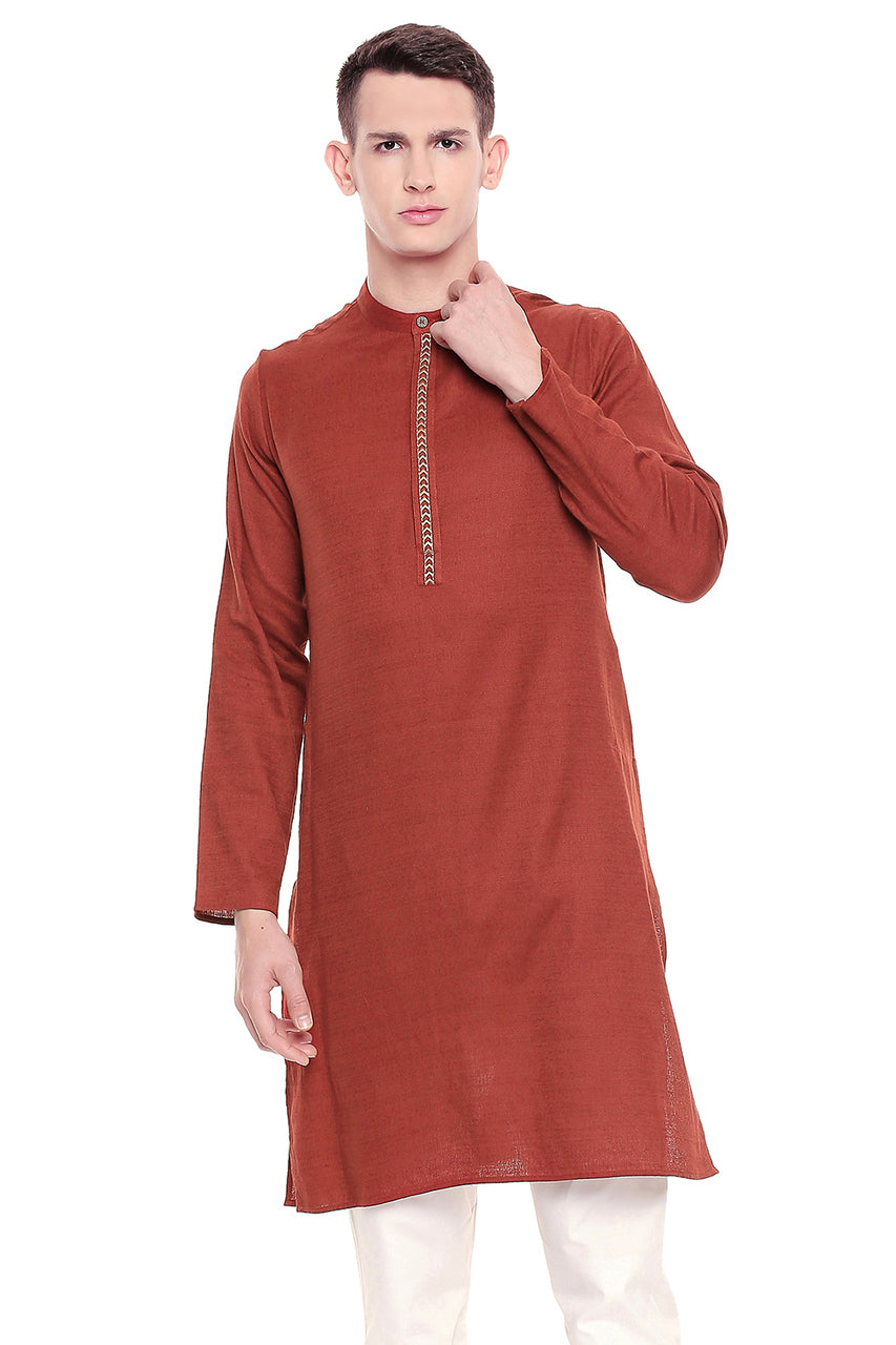 Men's embroidered cotton band collar knee-length kurta, front view.