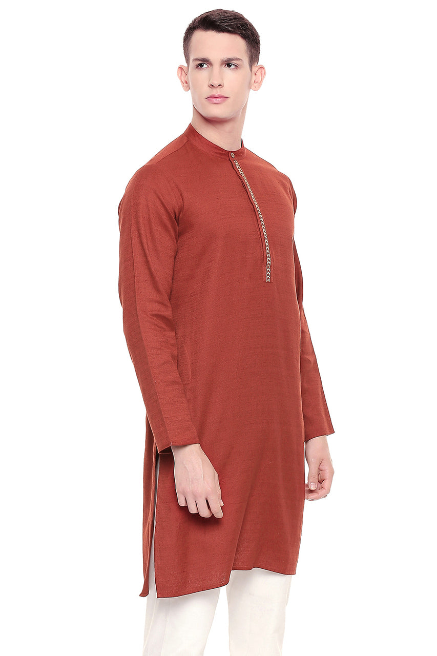 Men's embroidered cotton band collar knee-length kurta, side view.