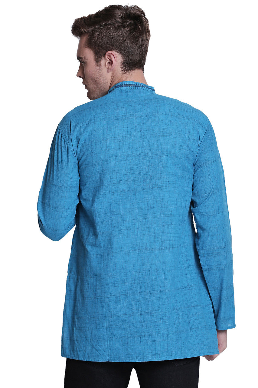 Men's embroidered cotton band collar knee-length style 2, side view.
