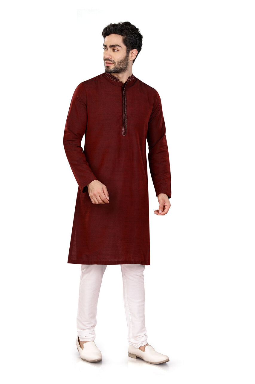 Men's embroidered cotton band collar knee-length style 2, alternate front view.