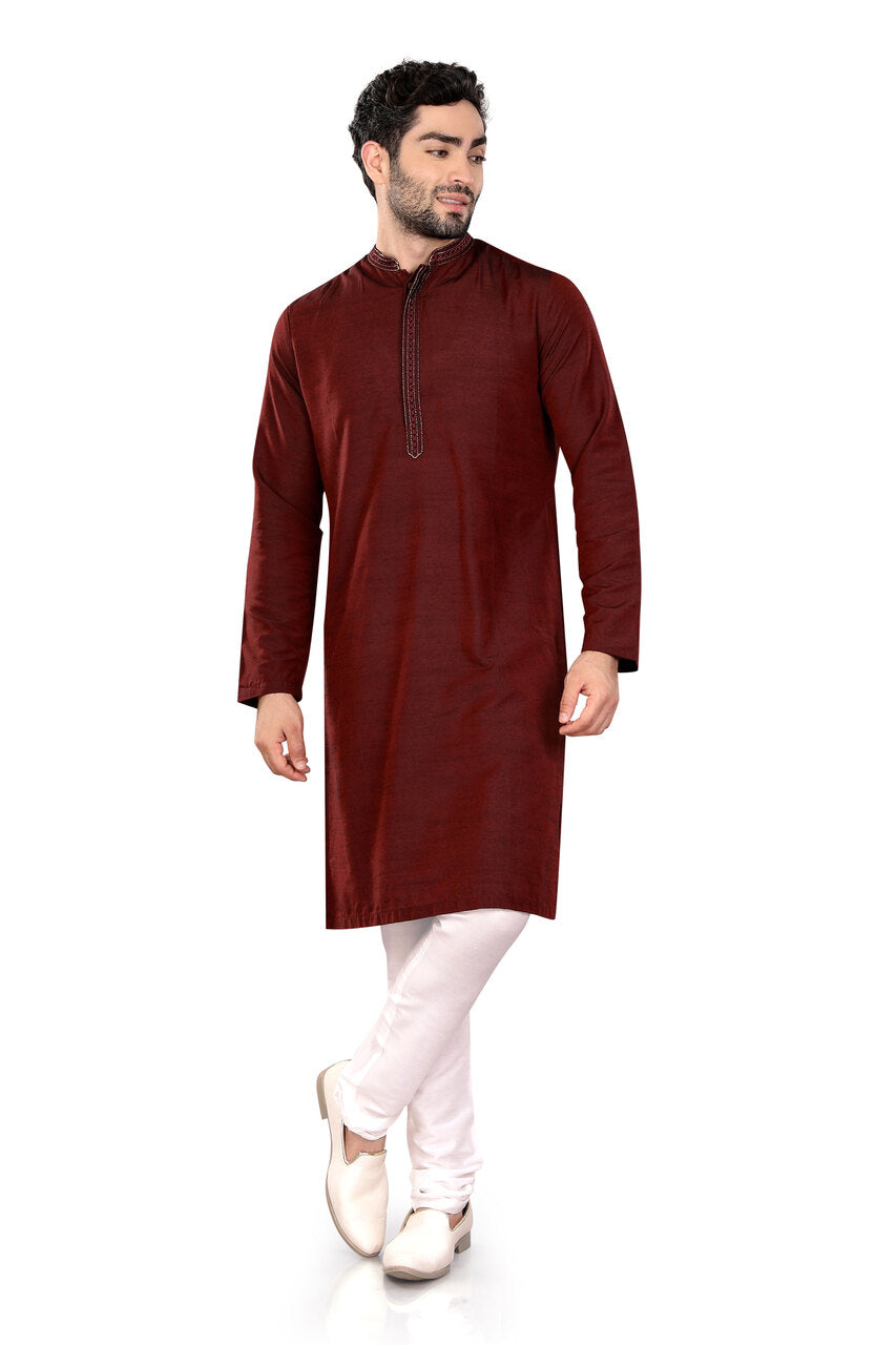 Men's embroidered cotton band collar knee-length style 2, alternate side view.