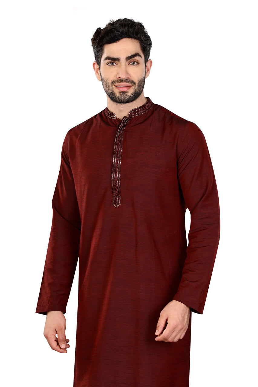 Men's embroidered cotton band collar knee-length style 2, front view.