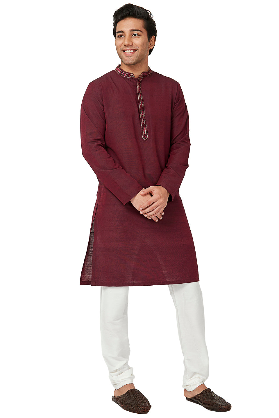 Men's embroidered cotton band collar knee-length style 3, alternate front view.