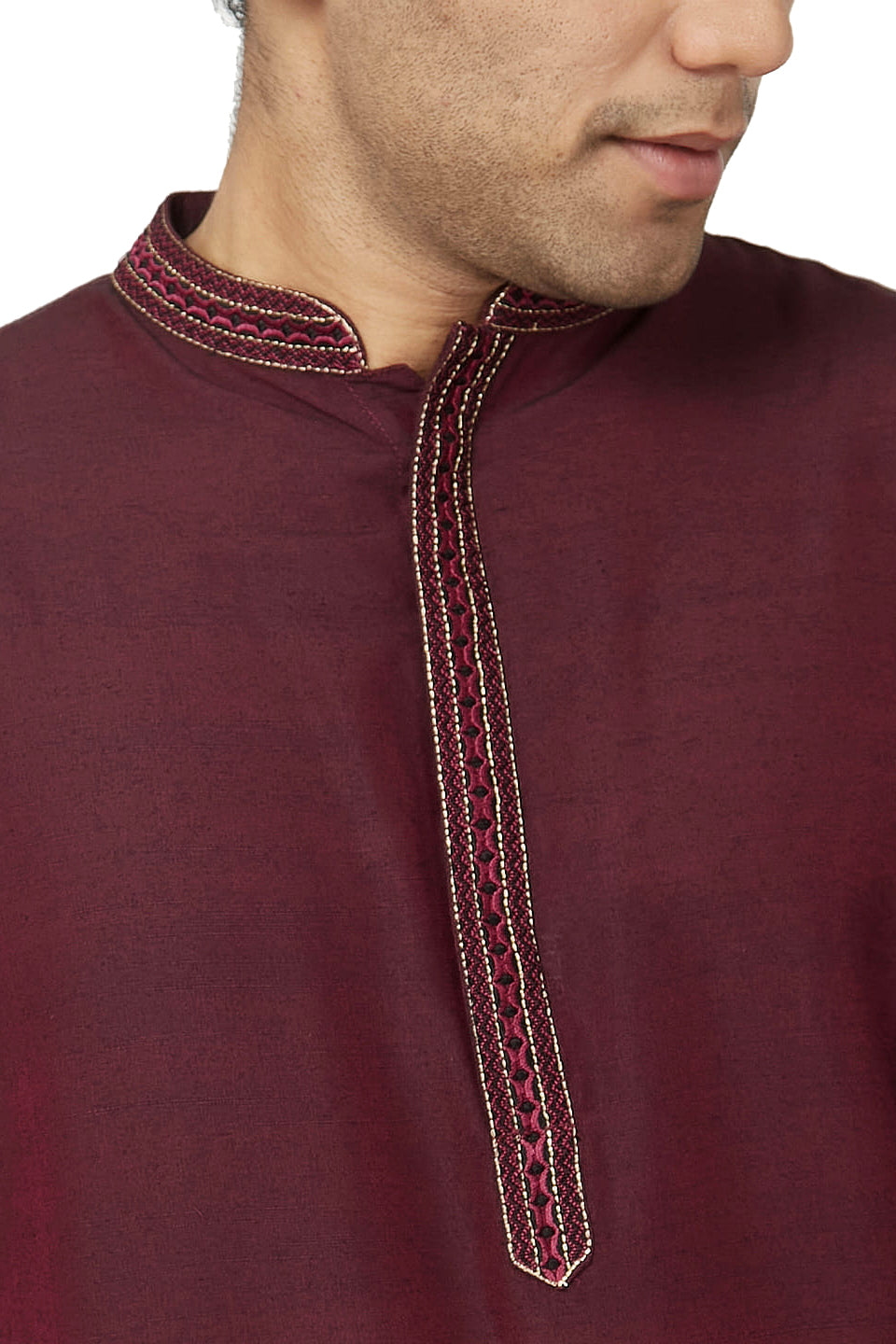 Men's embroidered cotton band collar knee-length style 3, alternate side view.