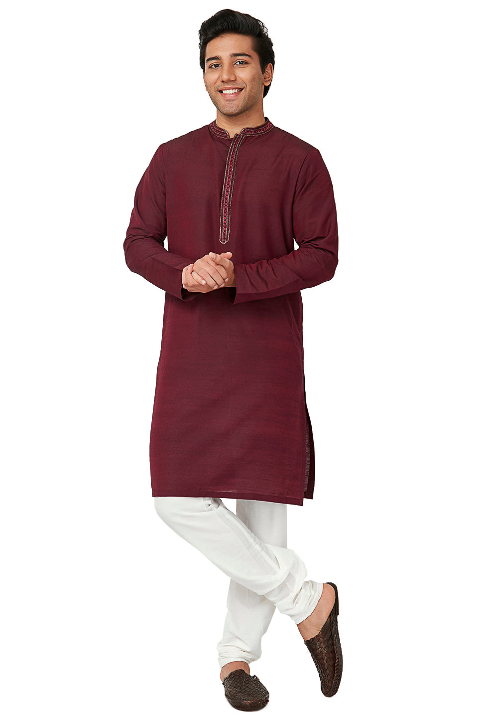 Men's embroidered cotton band collar knee-length style 3, back view.