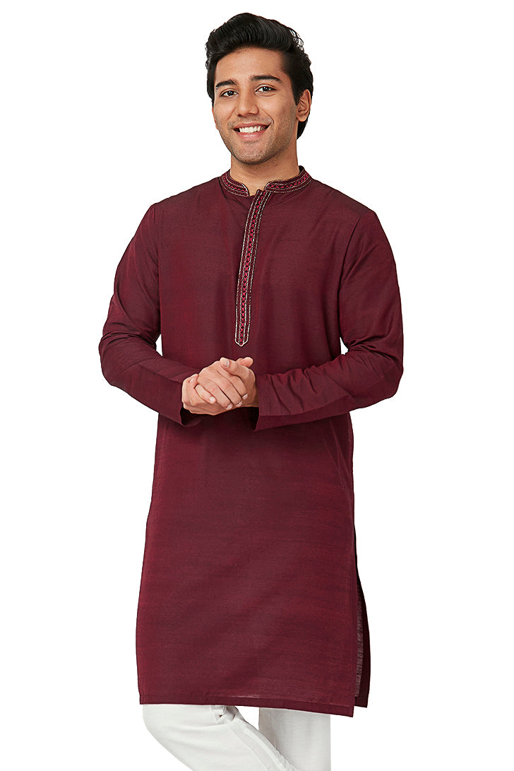 Men's embroidered cotton band collar knee-length style 3, front view.
