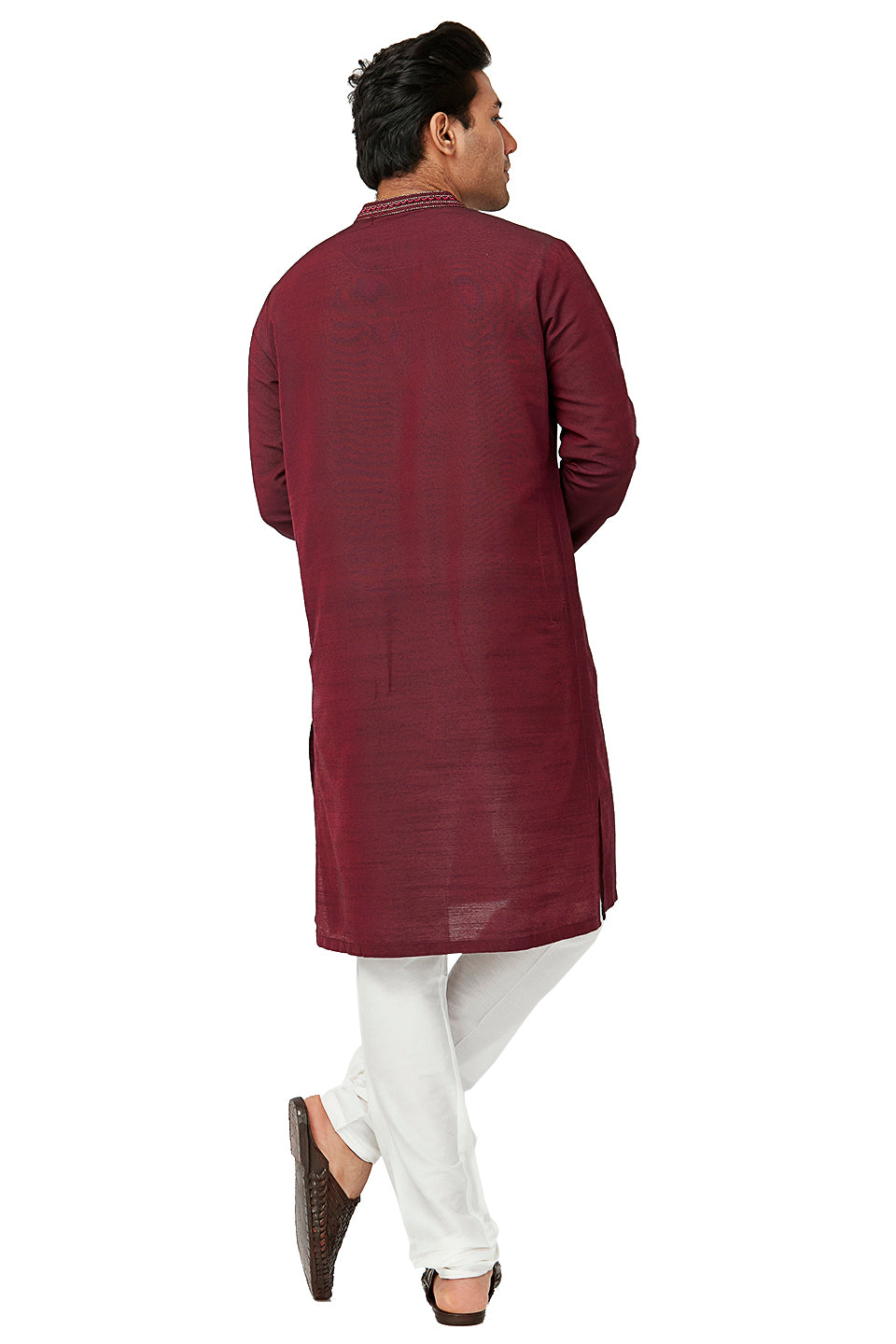 Men's embroidered cotton band collar knee-length style 3, side view.
