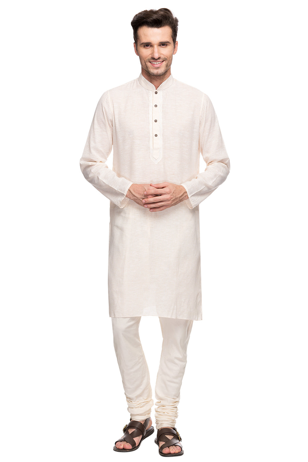 Men's embroidered cotton band collar knee-length style 3, back view.