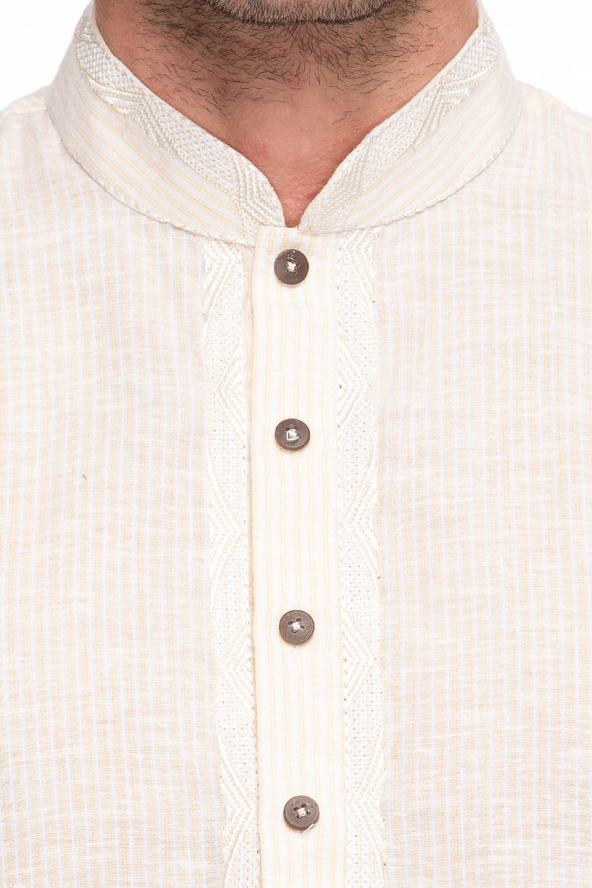 Men's embroidered cotton band collar knee-length style 3, close-up detail.