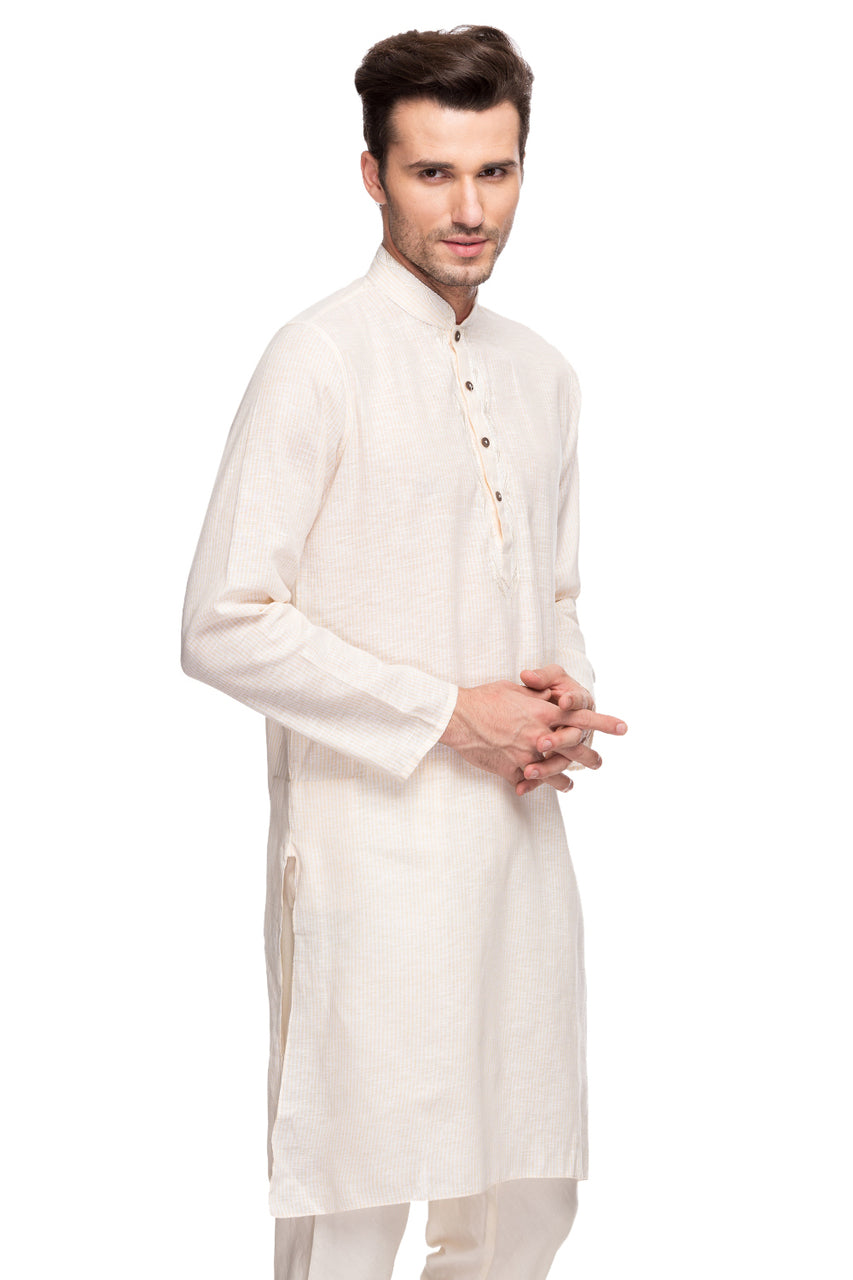 Men's embroidered cotton band collar knee-length style 3, side view.