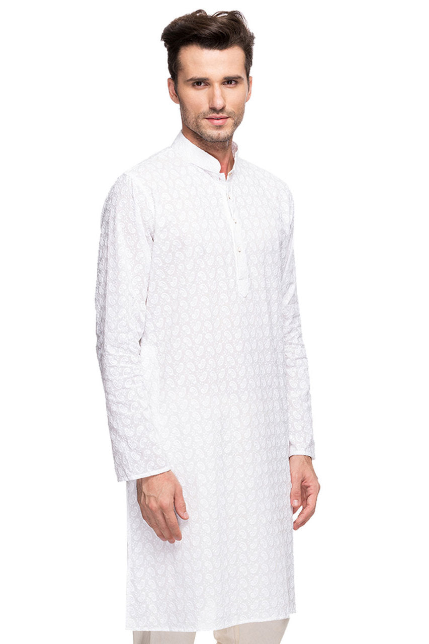 Men's embroidered cotton band collar knee-length style 4, alternate front view.