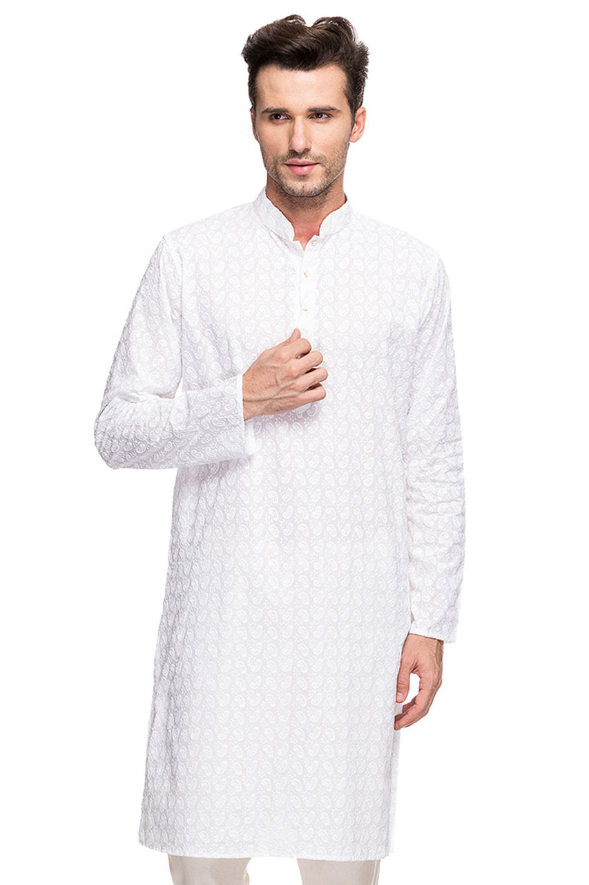 Men's embroidered cotton band collar knee-length style 4, front view.