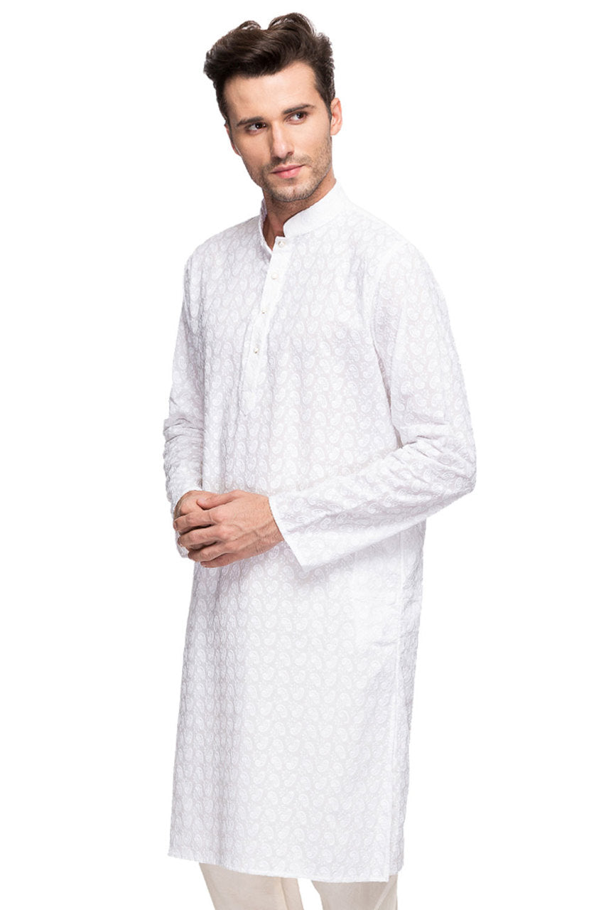 Men's embroidered cotton band collar knee-length style 4, side view.