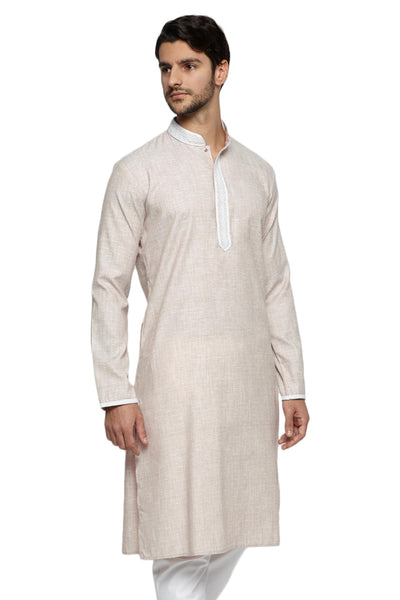 Men's embroidered cotton blend knee-length kurta, alternate front view.