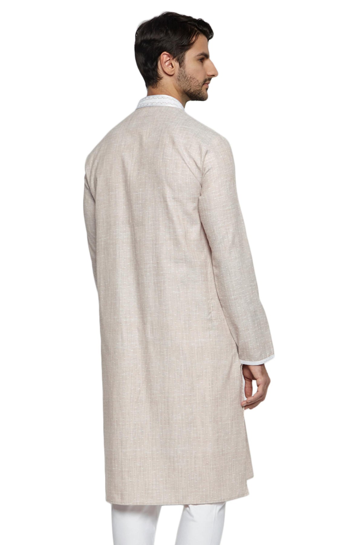Men's embroidered cotton blend knee-length kurta, alternate side view.