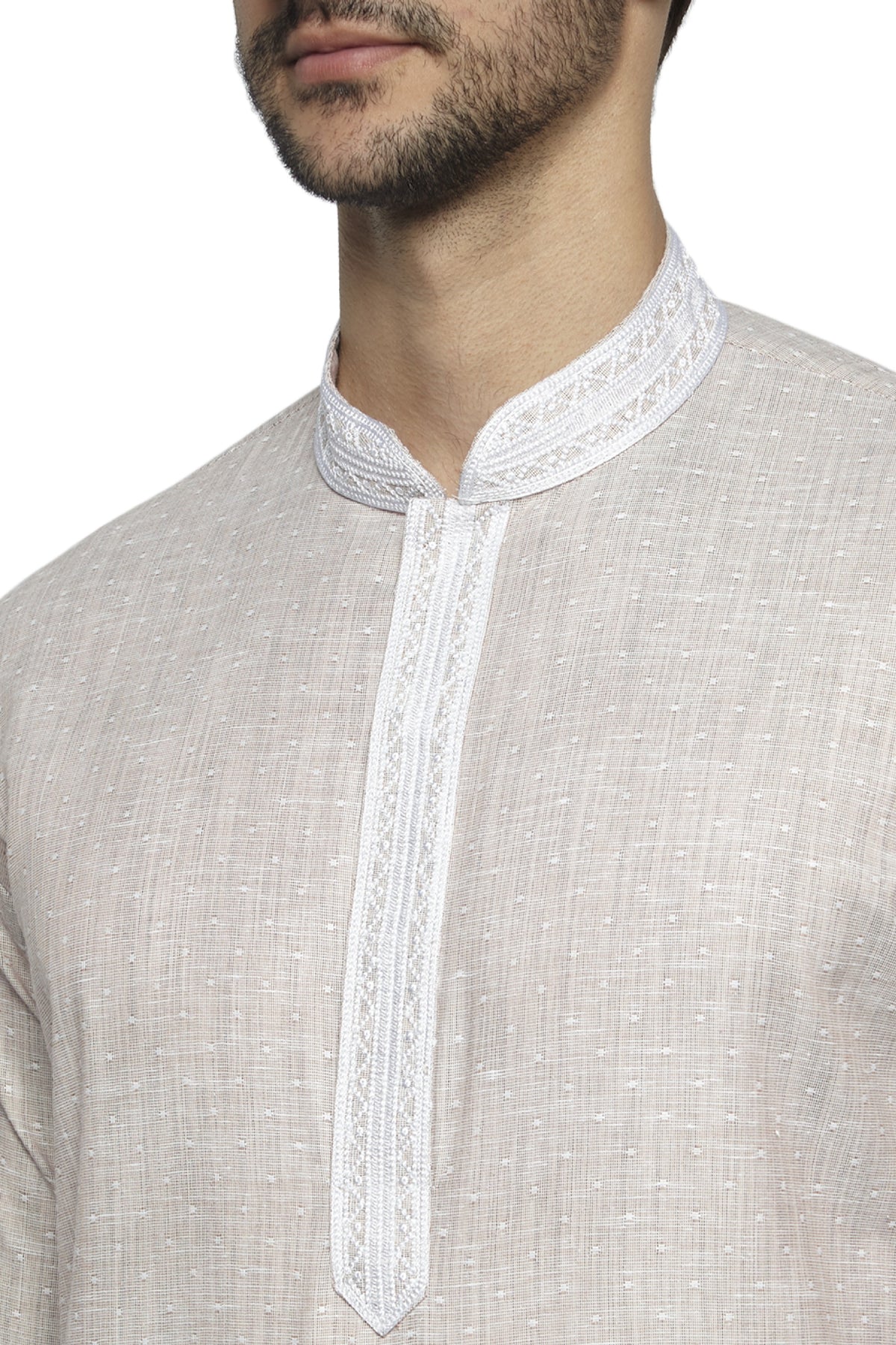 Men's embroidered cotton blend knee-length kurta, back view.