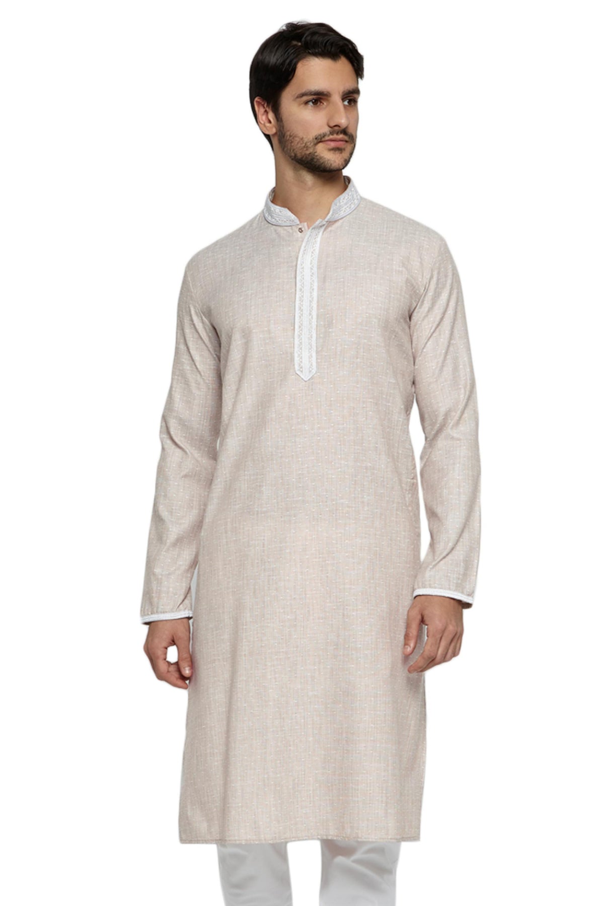 Men's embroidered cotton blend knee-length kurta, front view.
