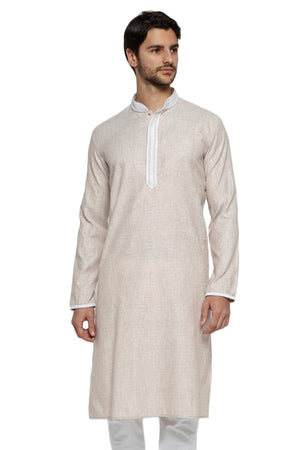 Men's embroidered cotton blend knee-length kurta, front view.