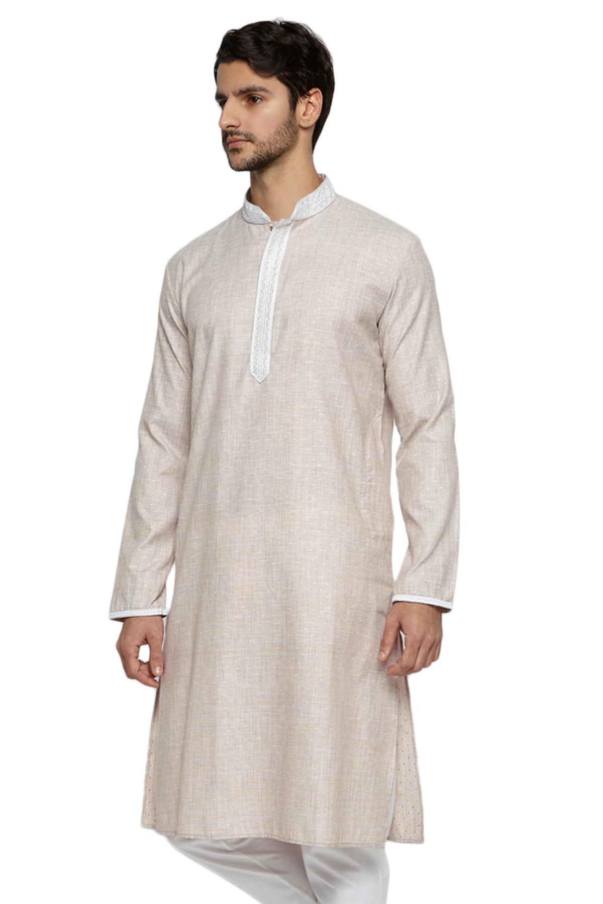 Men's embroidered cotton blend knee-length kurta, side view.