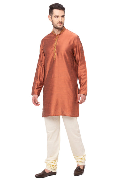 Men's embroidered cotton blend knee-length kurta, alternate front view.