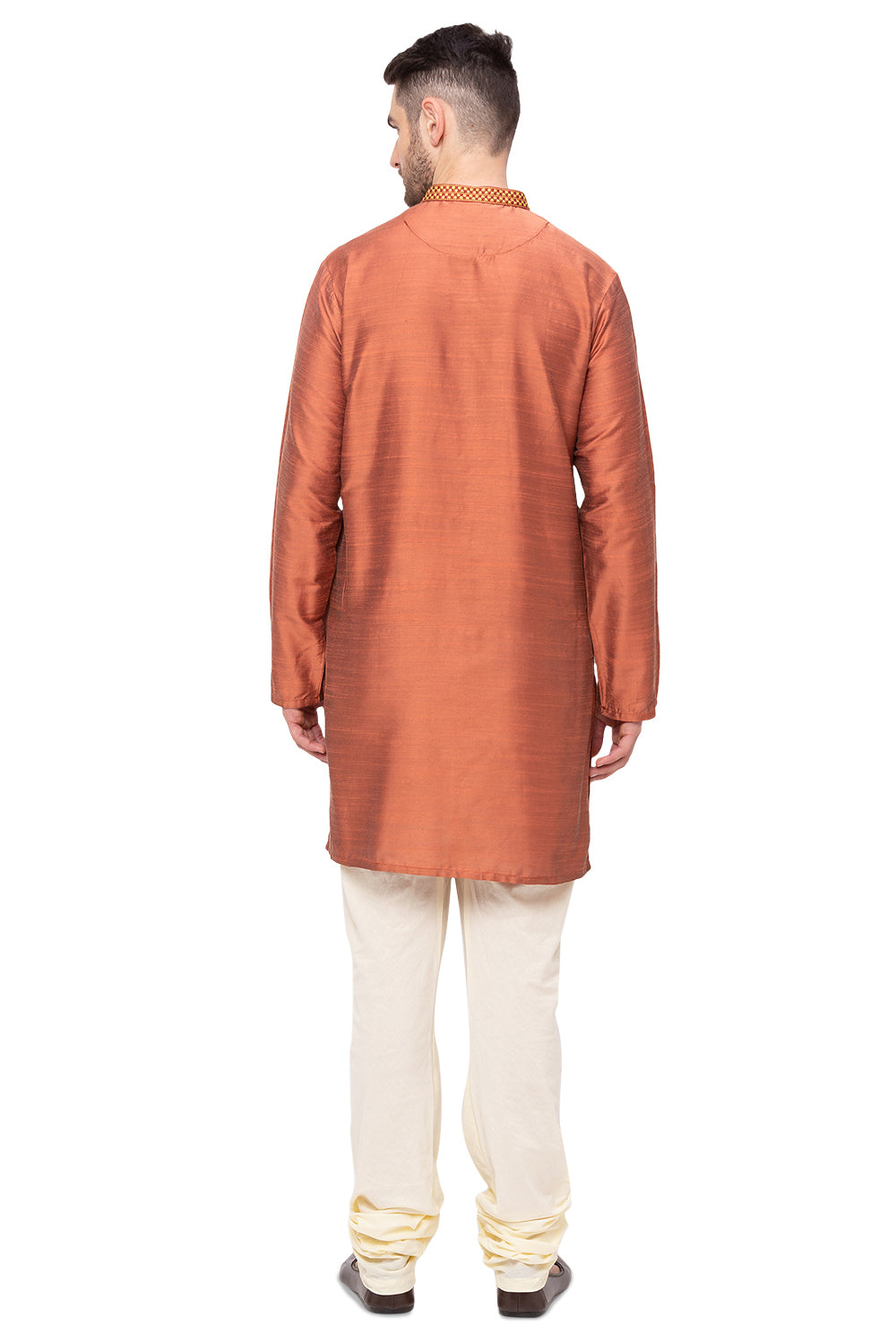 Men's embroidered cotton blend knee-length kurta, alternate side view.